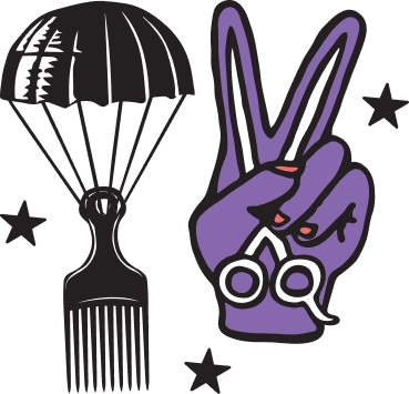 Illustrated icon of a peace sign hand holding barber scissors